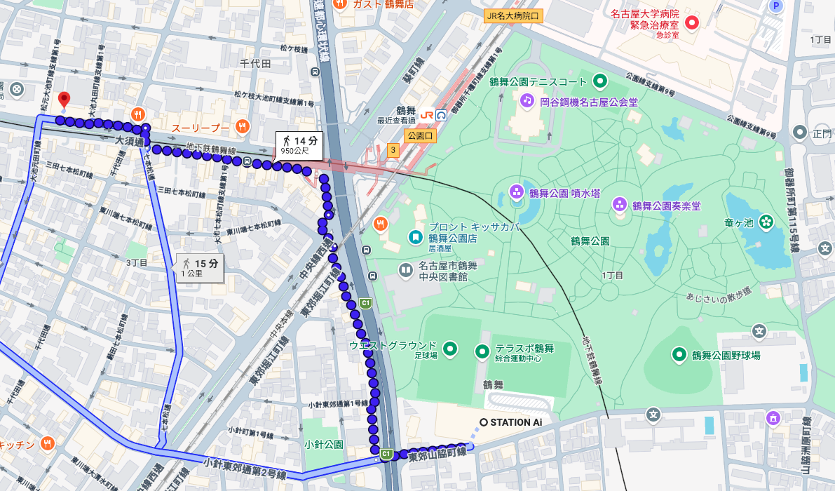 Google 地圖截圖，藍色虛線標出從 STATION Ai 走到目的地的路線，途中經過鶴舞公園，步行約 14 到 15 分鐘
