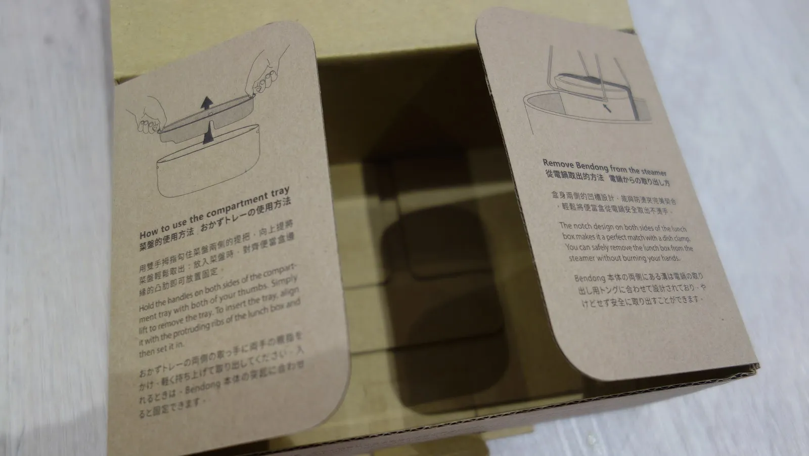 打開的外盒內側,兩片折頁上印著使用方式與取下束帶的圖示說明