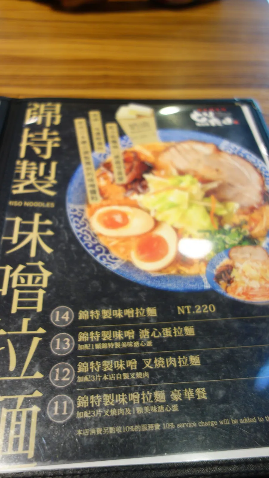 錦特製味噌拉麵的專頁，藍底印著一大碗味噌拉麵的照片，右側列出味噌拉麵 220 元與加溏心蛋、叉燒的品項