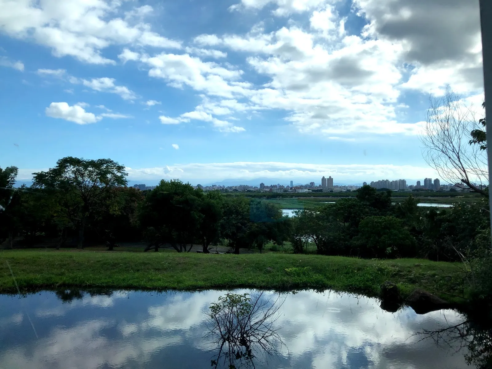 從高處看濕地的水塘，藍天白雲完整倒映在水面上，遠方是市區的天際線