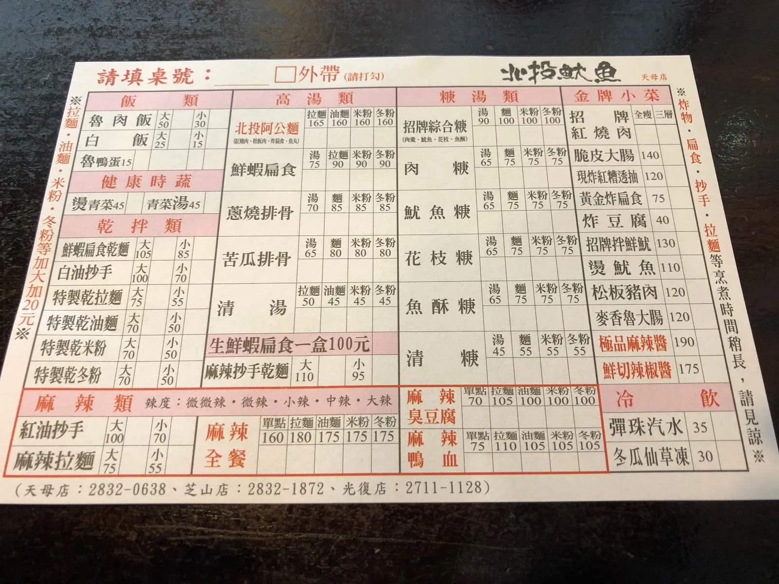 北投魷魚的點菜單，白底紅框分成飯類、高湯類、辣湯類與麻辣類，右側是金牌小菜與飲料，最下方列著天母店、芝山店與光復店的電話