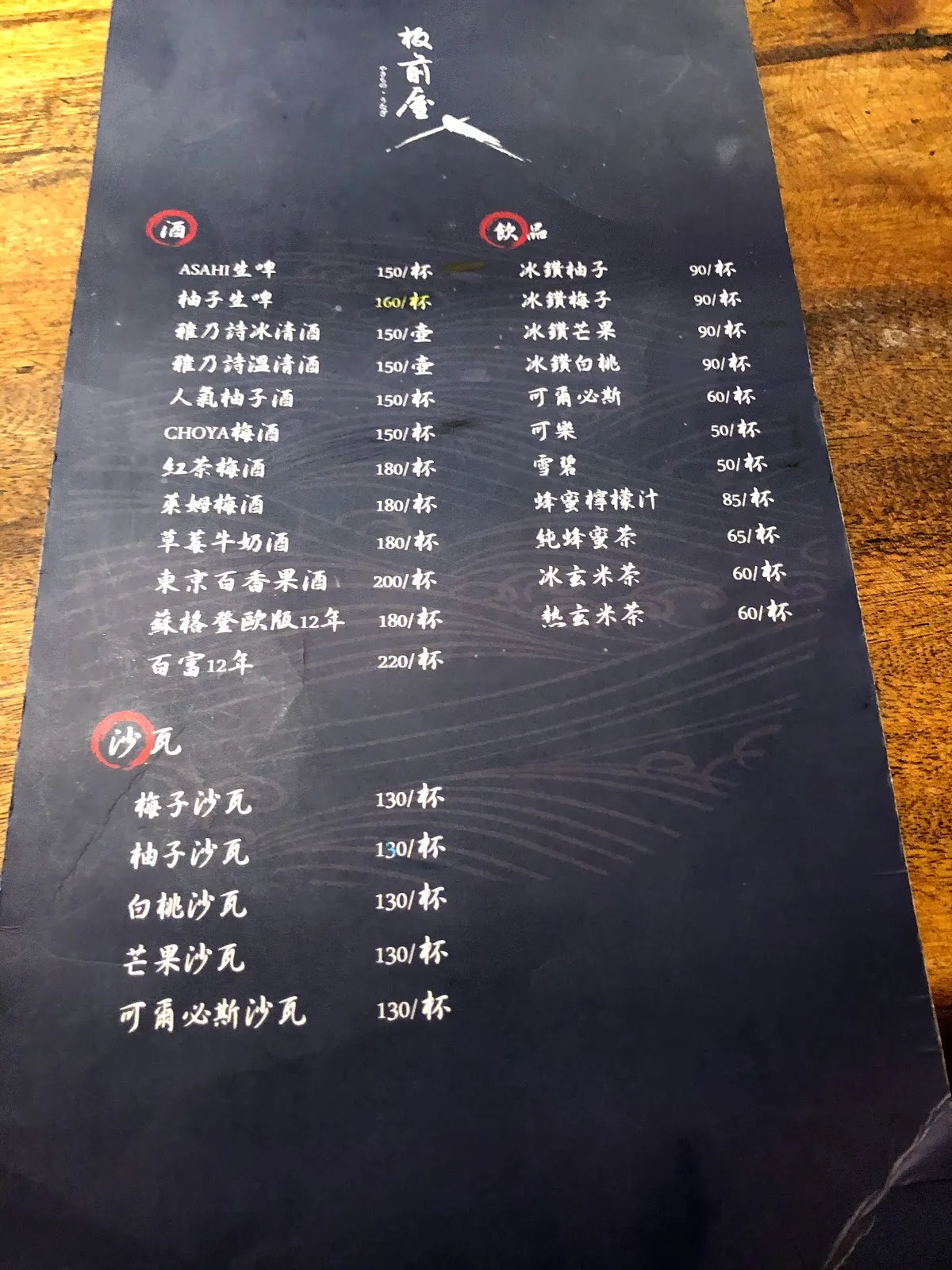 黑色的酒單，上半是清酒與日本酒的杯裝價目，下半的沙瓦區列著梅子、柚子、白桃與芒果沙瓦各 130 元一杯