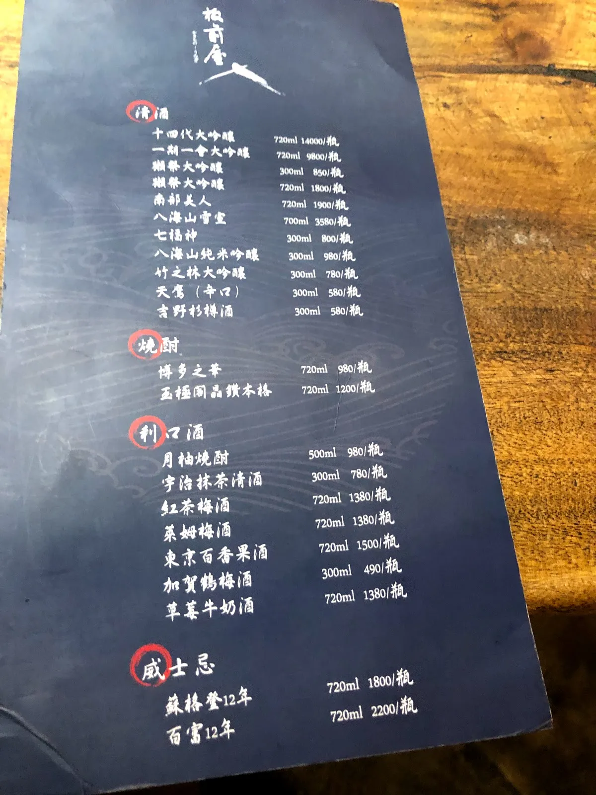黑色酒單的另一頁，列著燒酎、梅酒與威士忌的整瓶價格，720ml 的品項從 780 元到 2200 元