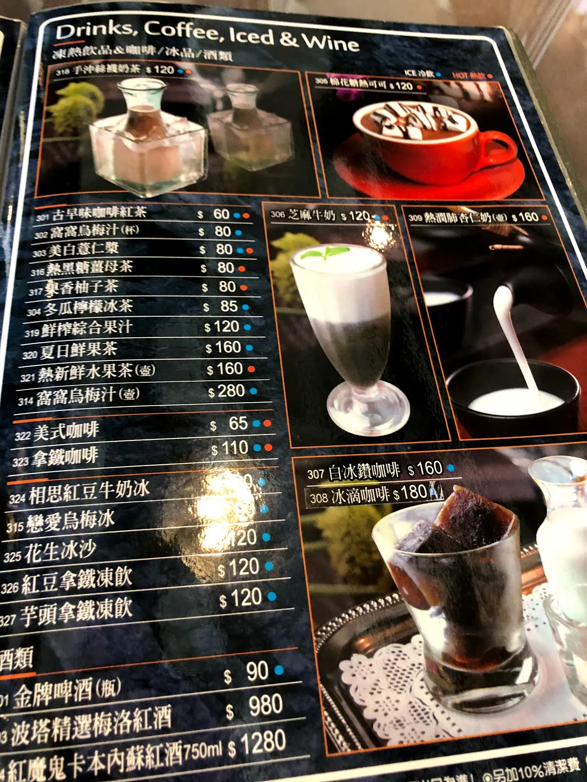 飲料菜單「Drinks, Coffee, Iced & Wine」，茶類 80 到 120 元，咖啡 65 到 160 元，冰沙 120 元，啤酒 90 元，紅酒瓶裝 980 到 1280 元