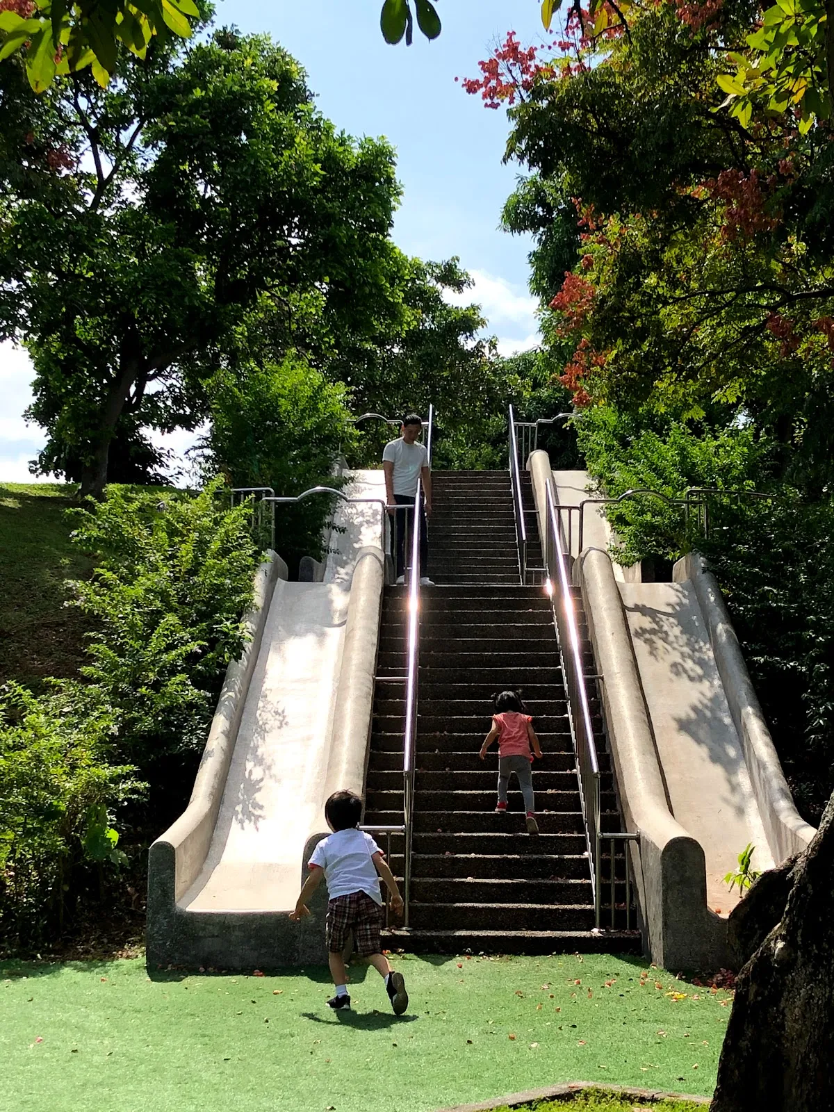 兩個小孩爬上磨石子溜滑梯旁的階梯，滑道兩側是綠樹與草皮