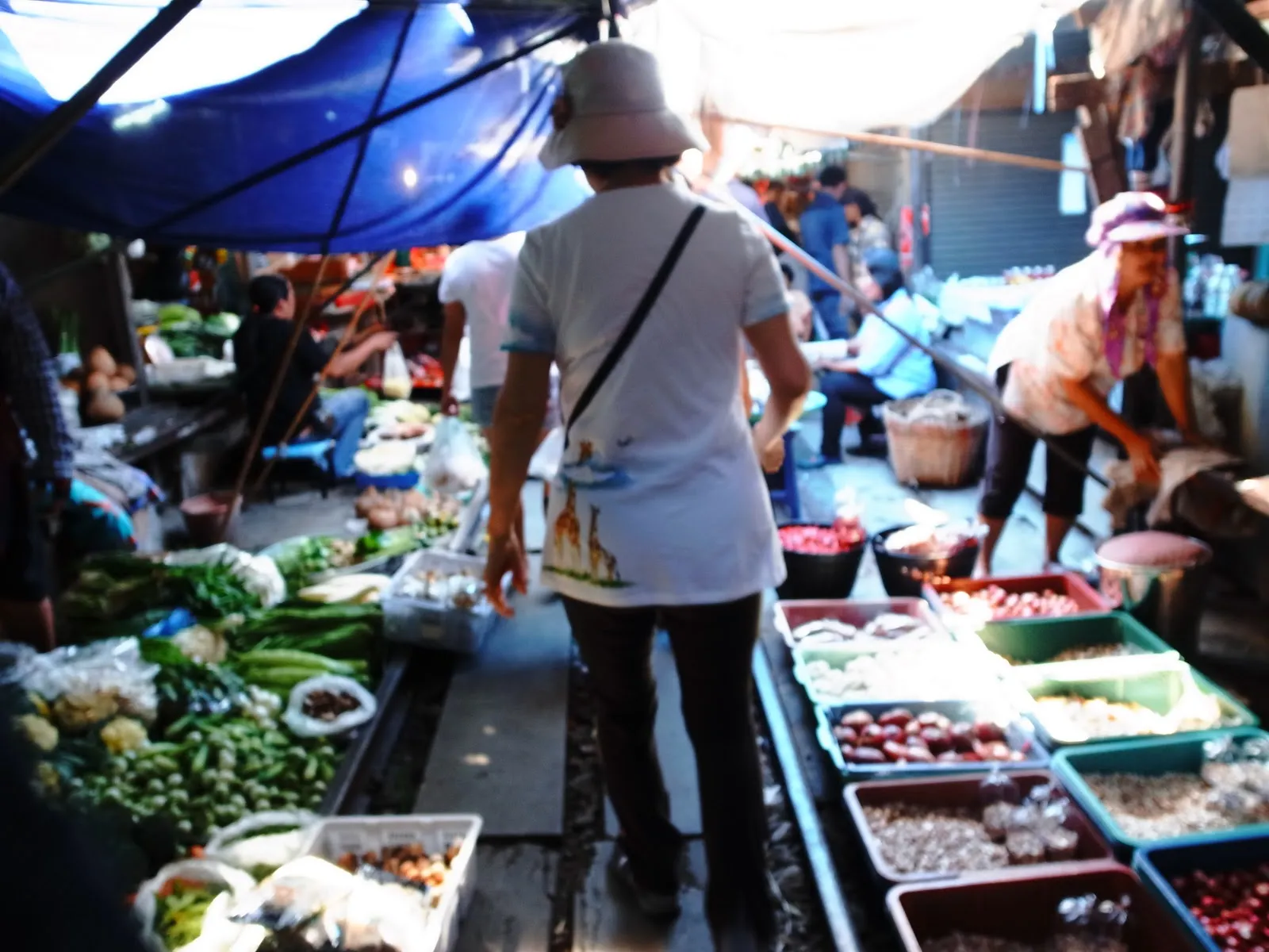 市場走道，一名戴著帽子的旅客背對鏡頭走過，兩側攤位擺滿蔬菜、豆類與辛香料