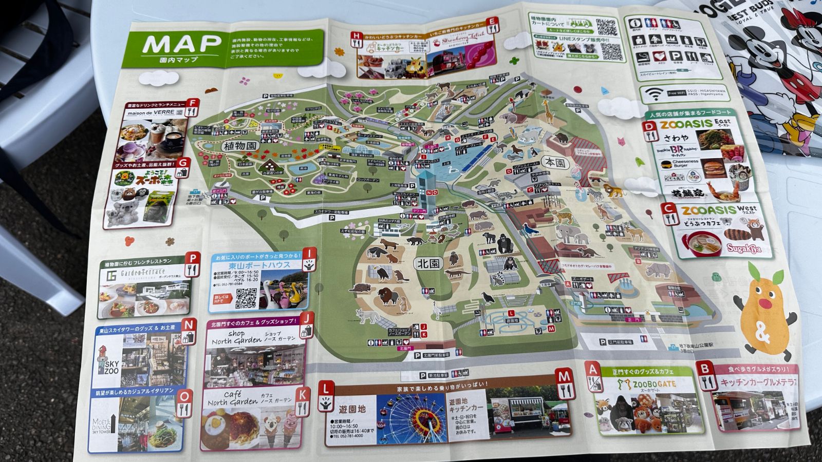 攤開在桌上的東山動植物園導覽地圖，園區平面圖佔滿中央，四周排著各餐廳與商店的照片