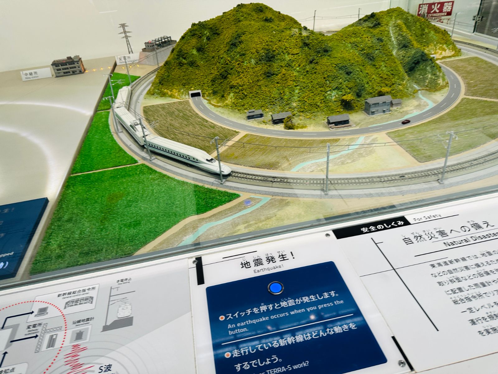 新幹線防震機制的展示模型，微縮的綠色山丘與軌道上停著一列白色新幹線，前方有「地震發生！」的按鈕解說面板