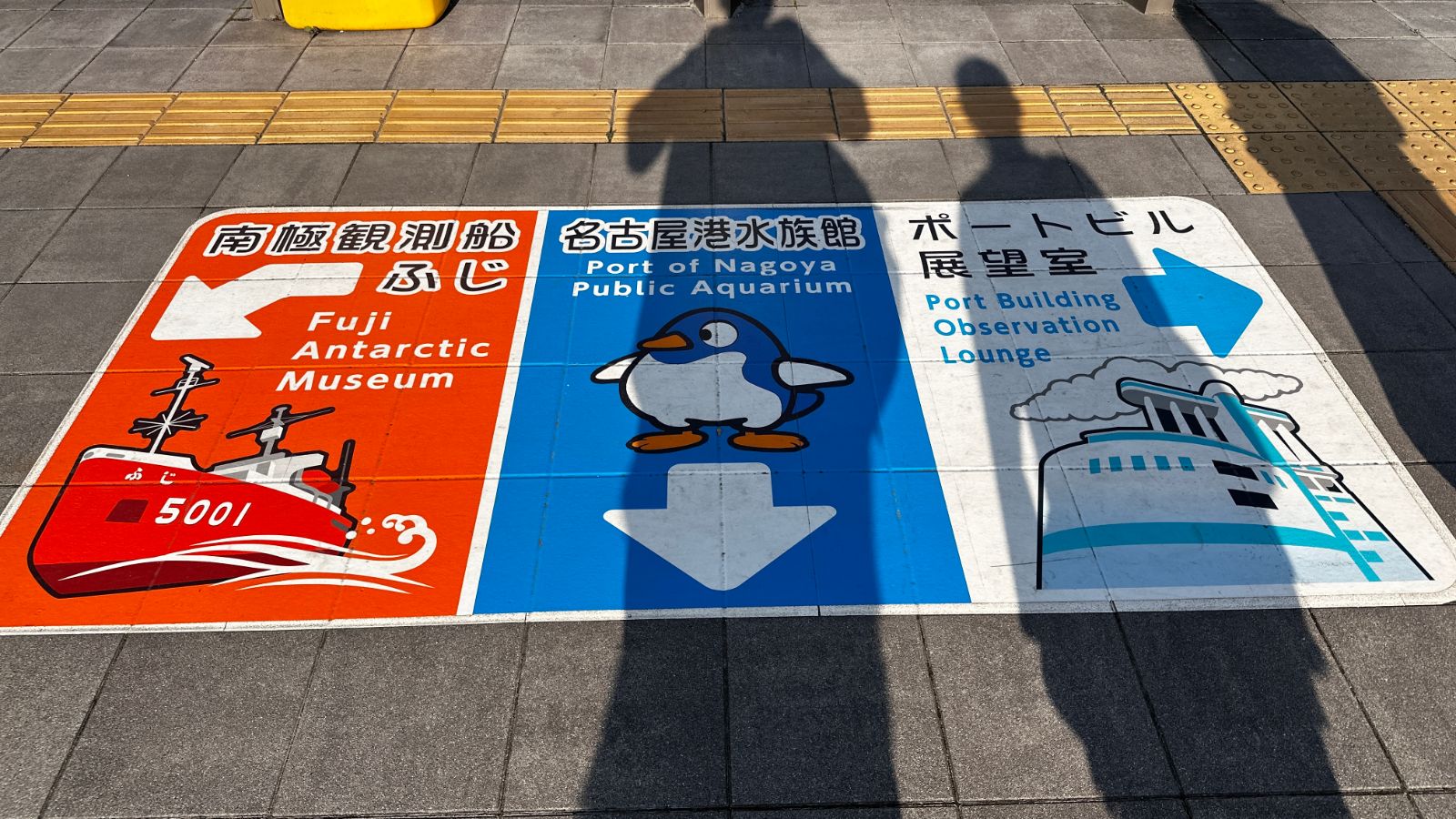 地面上的大幅彩色指標,分別指向南極觀測船「富士」、名古屋港水族館與港灣大樓展望室,中間畫著一隻企鵝